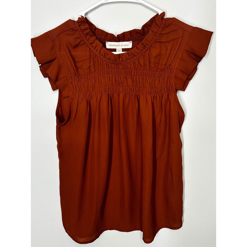 Monteau Los Angeles Brown Blouse Capped Sleeves‎ Elastic Neckline Women's Small